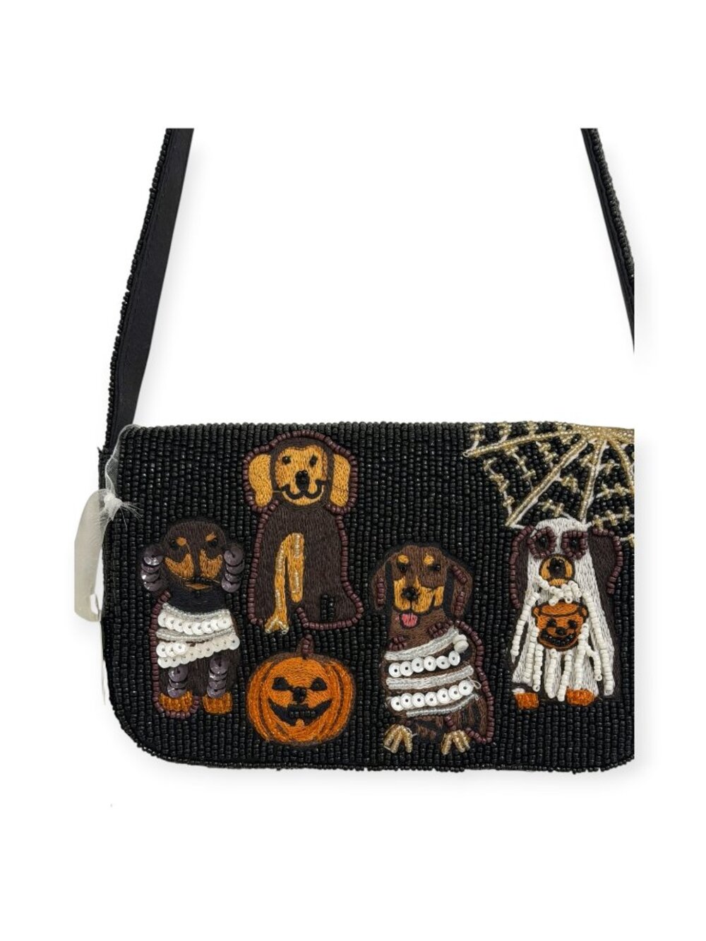 Halloween Beaded Bag Dogs Pumpkin Ghost Spiderweb Handmade India NWT - Picture 2 of 4